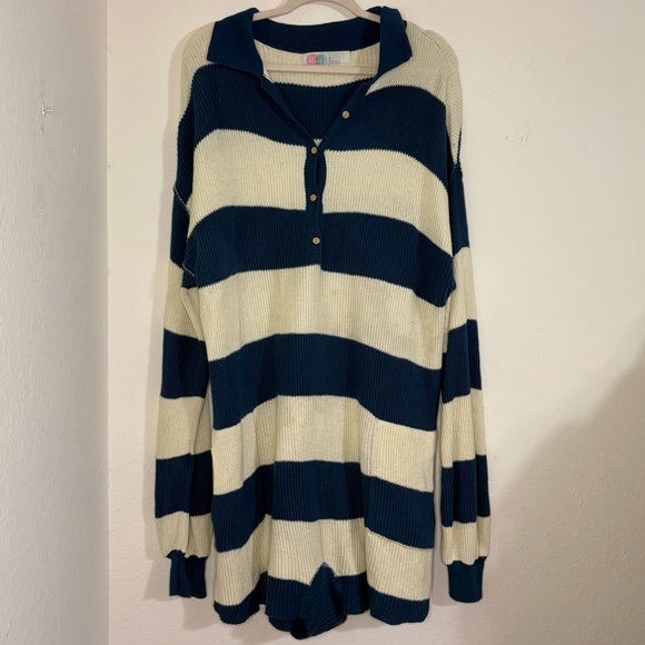 Free People Beach Knit Picnic Stripe Sweater Romper In Sailers Blue Combo medium - Picture 2 of 15